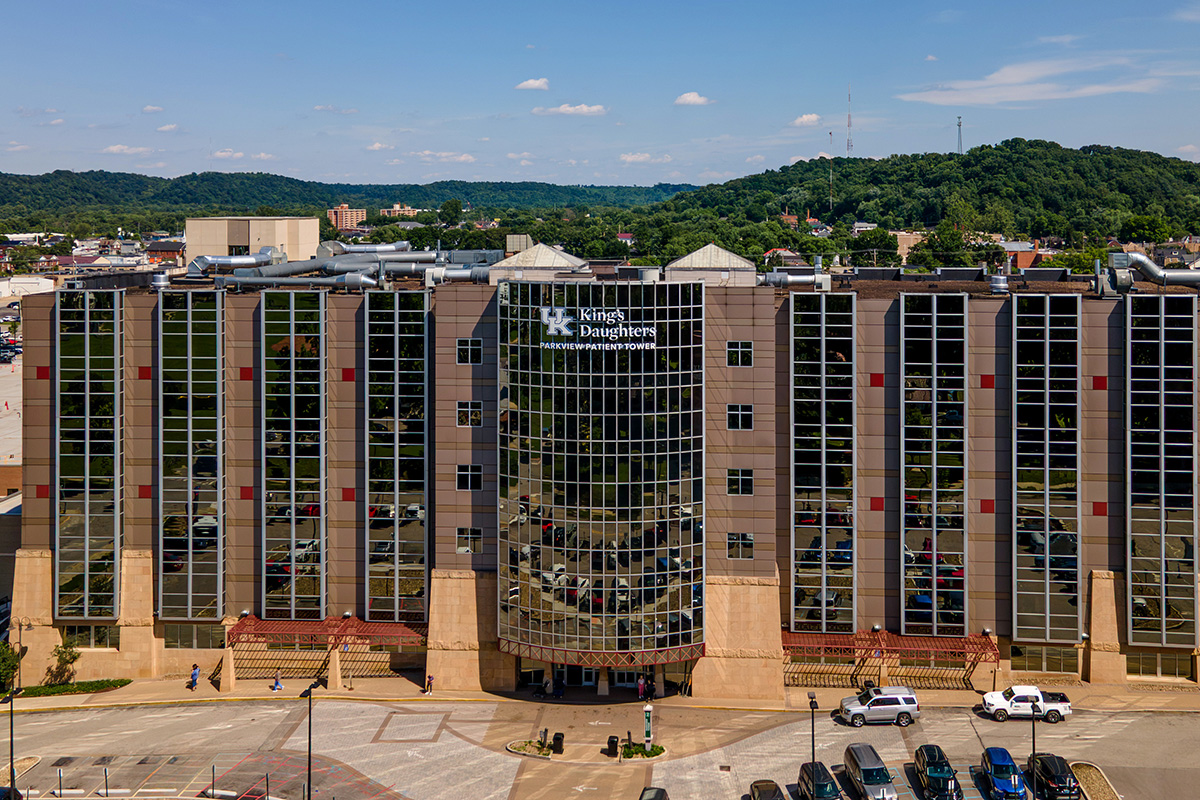 Aerial view of exterior of UK King's Daughters Patient Tower 2