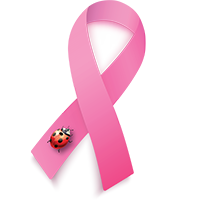 Pink breast cancer ribbon with ladybug crawling on it.