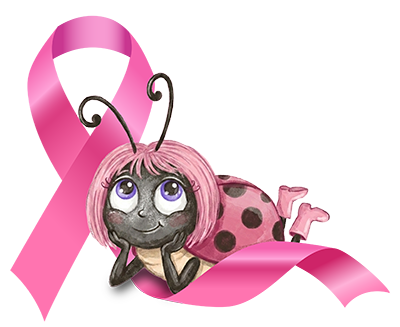 Ladybug illustration laying on pink breast cancer ribbon