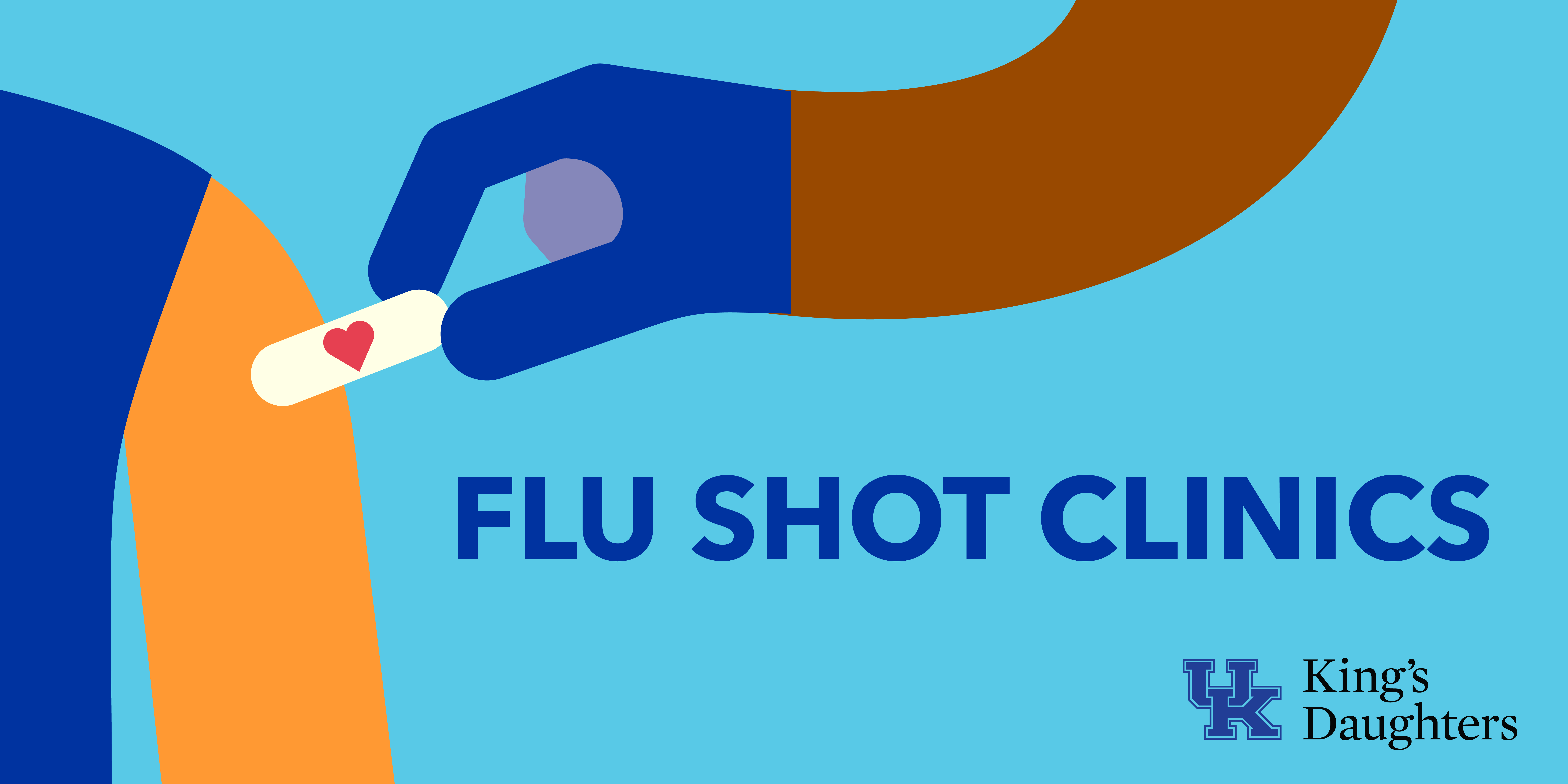 Cartoon graphics of healthcare professional placing bandaid with heart over flu shot site. "Flu shot clinics" and UK King's Daughters logo on image.