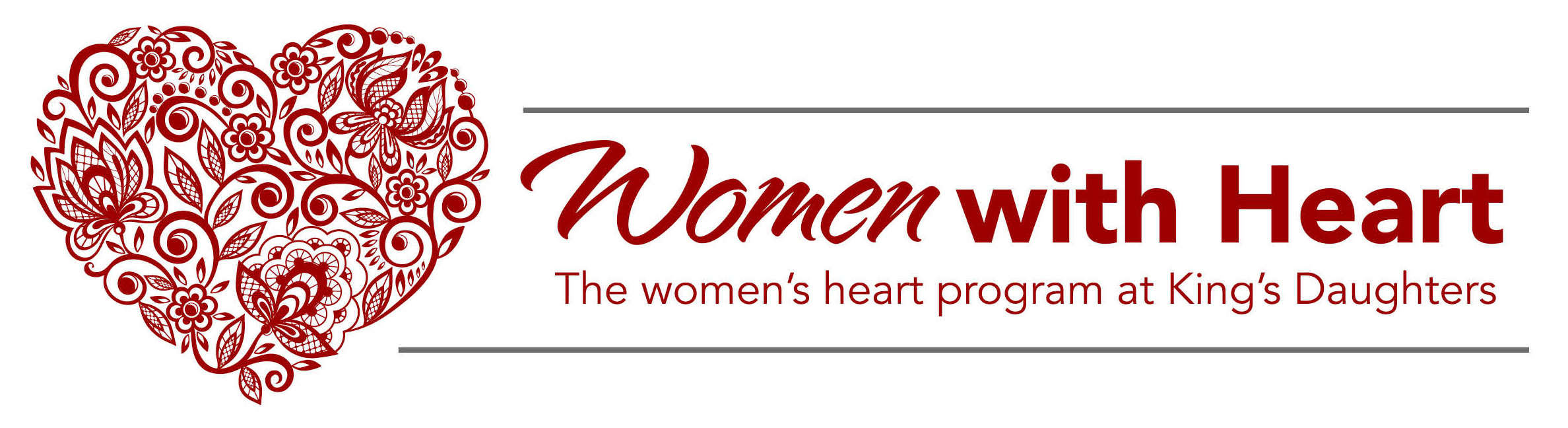 Image with a floral heart graphic and the words Women with Heart. The women's heart program at King's Daughters.