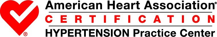 Logo with red heart with check mark and the words American Heart Association Certification Hypertension Practice Center
