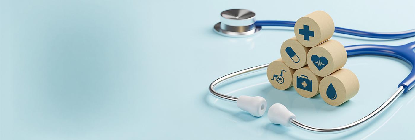 Blue stethoscope with healthcare icons